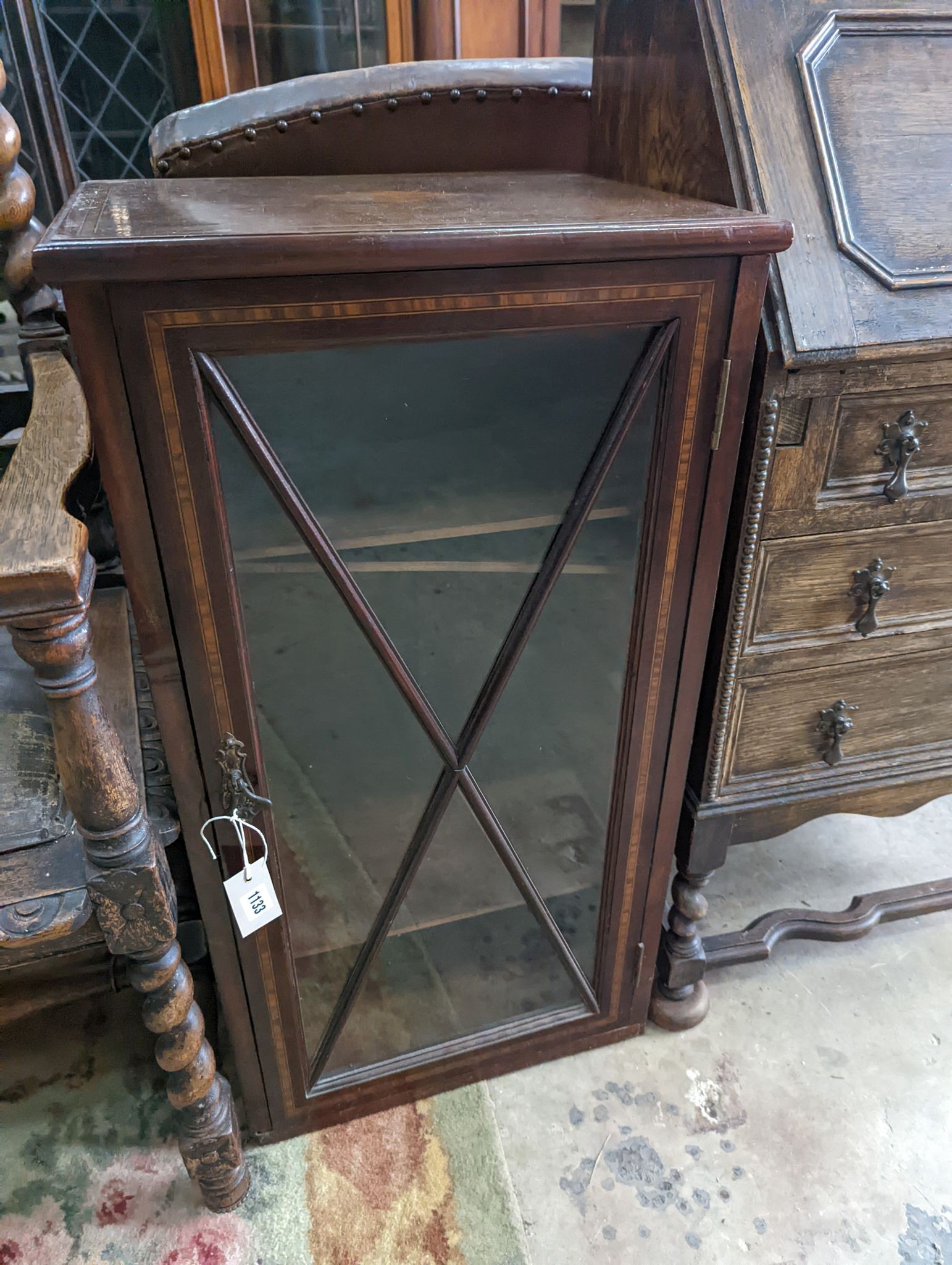 An Edwardian inlaid mahogany music cabinet, width 45cm, depth 37cm, height 85cm